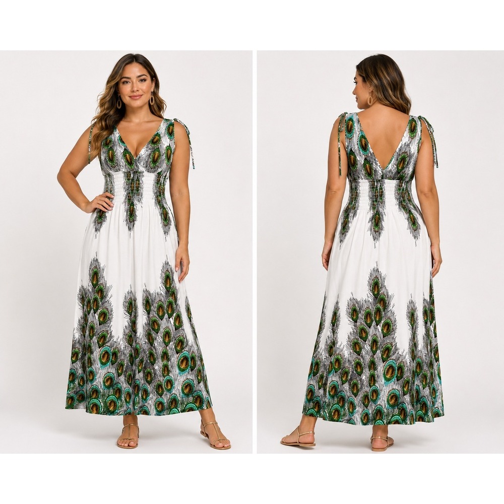 J&W Women Peacock‎ Feather Print Maxi Dress White Green Boho Smocked V-Neck Med